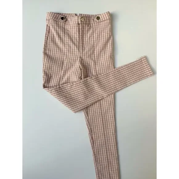 Forever 21 Nude Pink White Gingham High Waisted Fitted Ankle Length Pants Wms XS - Picture 6 of 10